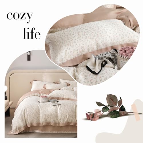 VM VOUGEMARKET Blush Pink Duvet Cover Twin Cooling Lyocell Teen Girls Flower Leaves Duvet Cover with Zipper Closure Romantic Ruffle Bedding Sets,Twin 68x86 Inch