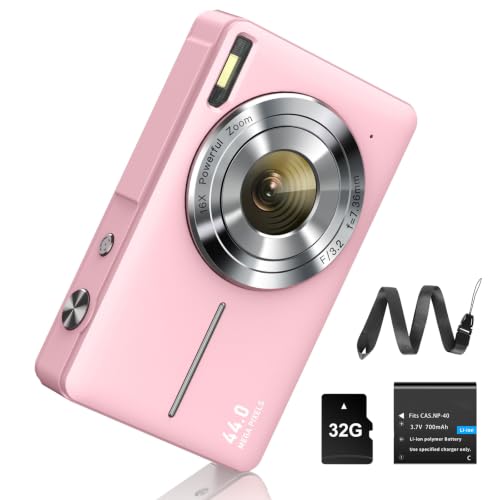 Digitale camera, 1080p, 44 MP, fotocamera, FHD, 16x digitale zoom, digitale camera met batterij, draagbare eenvoudige digitale camera voor kinderen, studenten, tieners, beginners en senioren (roze)