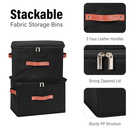 Image of 3PCS Storage Bins Boxes with Zippered Lids Cotton Linen Fabric Decorative Basket PU Leather Handles PP Plastic Board Foldable Lidded Clothing Shelf Closet Organizer Container (Black, Large)