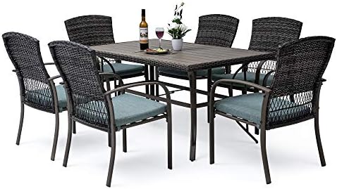 Pamapic Patio Dining Table Set, Garden Dining Set 7 Piece, Outdoor Wicker Furniture Set for Backyard Garden Deck Poolside/Iron Slats Table Top, Removable Cushions(Green)