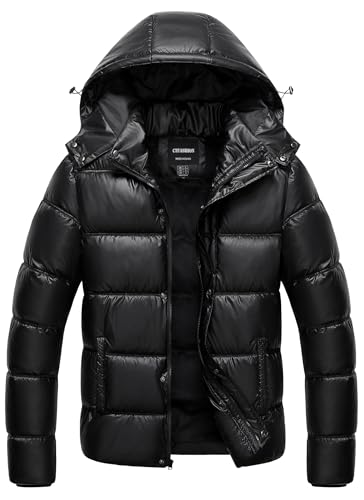 CTFASHION Mens Puffer Jacket Waterproof Heavyweight Quilted with Wide Hood Weather Resistant Winter Jackets for Men Shiny Black 4XL