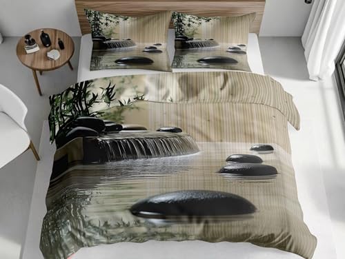 Housse de Couette Chaude Bambou Zen House de Couette Imprimée Parure de Lit Microfibre 140x200cm Literie et Taies d'oreiller avec Fermeture à Glissière Beige