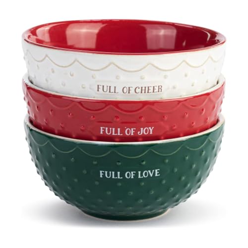 DEMDACO Full of Cheer Red, Green, and White Ceramic Baking Bowls, Set of 3 | 7 Ounce Christmas Baking Bowls, Embossed Polka-Dots and Scallop Detail, Stoneware Set with Festive Sentiments