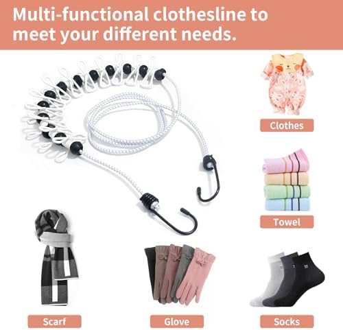 Portable Clothesline, 1 Pack Travel Camping Washing Line with 12 Wire Clips, Adjustable Elastic Retractable Windproof Rope Clothesline for Indoor and Outdoor Drying Clothes (White)