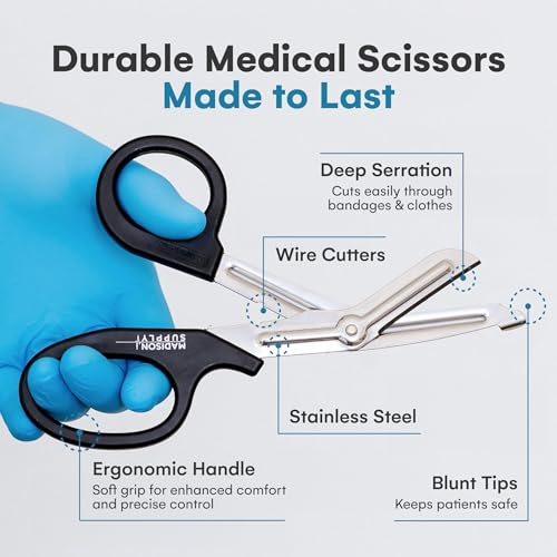 Image of Madison Supply Medical Scissors, EMT and Trauma Shears - 7.5 Inch Premium Quality Stainless Steel Bandage Scissors - Fluoride-Coated with Non-Stick Blades - 1 Pack (Black /Stainless)
