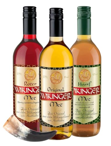 Wikinger Met 3er-Paket mit Trinkhorn 3 x 0 75 Liter | Honigwein aus dem Wikingerland Haithabu | Wikinger Met