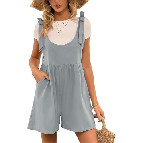 MALSSE Overol casual para mujer, con tirantes sueltos, sin mangas, con tirantes y pernera ancha, con bolsillos, pantalones cortos, Gris Plata, L
