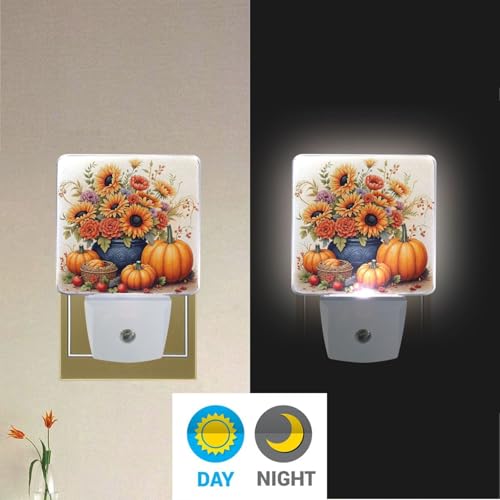 Image of Pumpkins Sunflowers Thanksgiving Night Lights 2 Pack Plug-in Wall Led Nightlight Auto Dusk-to-Dawn Sensor Lamps for Bedroom Kitchen Bathroom