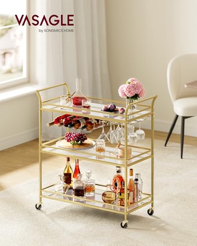 Image of VASAGLE Bar Cart Gold, Large Home Bar Serving Cart with 3-Tier