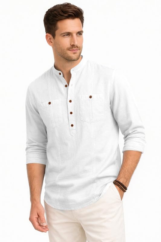 Image of ROYALSCOUT Men's Cotton Polyester Blend Kurta Style Shirt with Mandarin Collar, Half Button Placket, Dual Chest Pockets, Long Sleeve Casual Ethnic Fusion Wear for Office, Festive and Daily Use