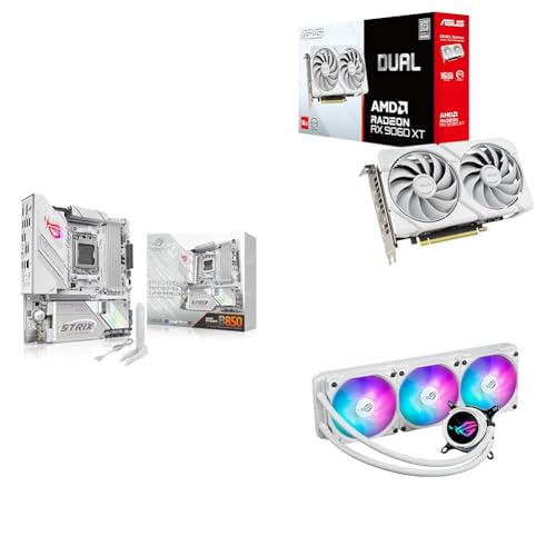 Image of ASUS Bundle of ROG Strix B850-G Gaming WiFi AMD AM5 mATX Motherboard + Dual Radeon RX 9060 XT 16GB GDDR6 White Edition Graphics Card + ROG Strix LC III 360 ARGB LCD White Edition AIO CPU Liquid Cooler