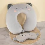 Travel Pillow Kids Travel Pillow with Sleep Eye Mask Cute Neck Pillow for Travel Soft Memory Foam Travel Neck Pillow for Adults and Kids Airplane Sleeping Travel and Camping (Grey)