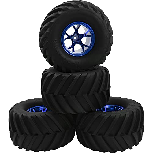 HIRCQOO 5.31''OD Rubber Tires & Wheel Rim 12mm Hex Hub Compatible with Traxxas Rustler HPI HSP Volcano Tamiya Exceed Himoto 1/10 Off-Road Monster Truck,135mmx73mm (Blue) by HIRCQOO - Image 4