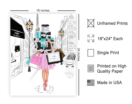 Image of Poster Master Fashion Poster - Lady with Shopping Bags Print - Trendy Art - Modern Art - Gift for Her & Fashionista - Luxury Haute Couture Decor for Bedroom or Girl's Room, 18x24 Unframed Wall Art