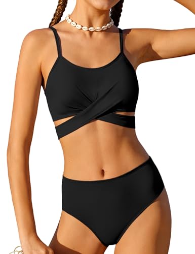 AGERWAY Girls Swimsuit Teen Swimsuits for Girls 12-14 Criss Cross Bikini Set Two Piece Adjustable Shoulder Straps Bathing Suit Solid Color Black 13-14 Years