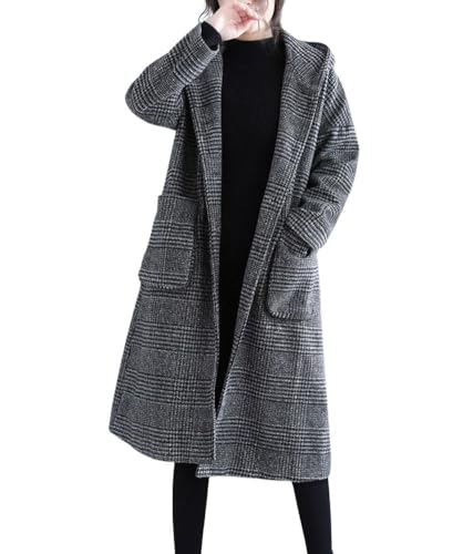 chouyatou Women's Retro Houndstooth Plaid Single Breasted Long Wool Coat with Hood2