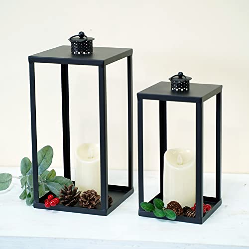 Hpc Decor Black Metal Candle Lanterns Set Of 2- Lanterns Decorative With Flickering Timer Candles- 16.5'' & 13'' Chunky Large Modern Farmhouse Candle Lanterns For Indoor, Outdoor, Tabletop (No Glass) #TOP1