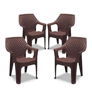 MAHARAJA Alpha for Home, Office | Comfortable | Arm Rest | Bearing Capacity up to 200Kg Plastic Outdoor Chair (Brown, Set of 4, Pre-Assembled)