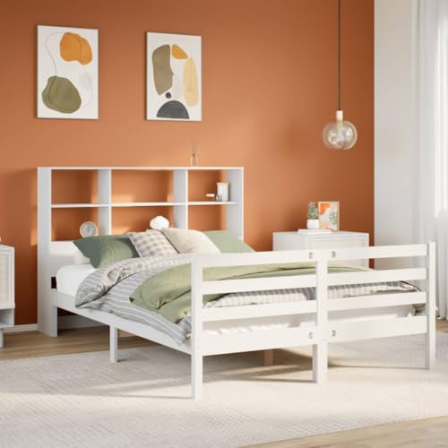 QZZCED Cama con Estantería de Madera Maciza Blanca 120x190 cm, Cabecero con Almacenamiento y Somier de Láminas para Soporte Óptimo, Estructura Duradera y Ahorro de Espacio