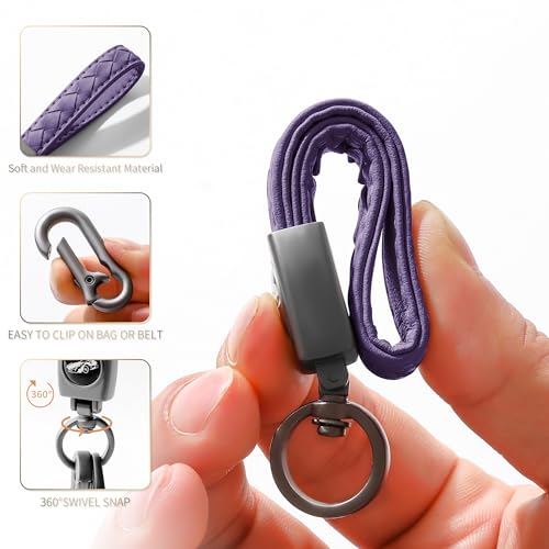 Image of Gkeygo Carabiner Keychain, Universal Heavy Duty Woven Handmade Leather Key Chain, Car Fob Key Keychains with 360 Degree Rotatable Snap Swivel and Anti-Lost D-Ring for Men and Women, Gunmetal - Purple