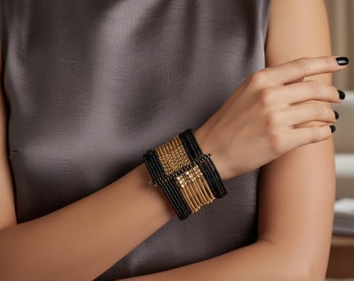 Image of Touchstone Indian Colorful Bead Bracelet Bollywood Beaten Metal Beads Openable Broad Cuff Bracelet in Gold or White Tone for Women.