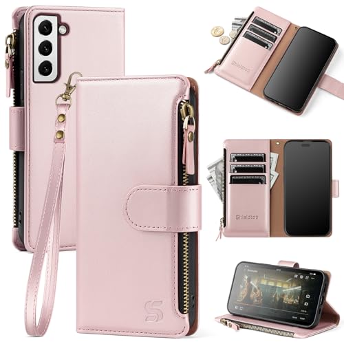 Shieldtop Compatible with Samsung Galaxy S22 Wallet Case with Card Holder,Women Men RFID Blocking PU Leather Flip Cover Wrist Strap Zipper Credit Card Slots,Phone Case for S22 6.1",Rose Gold by Shieldtop - Used condition - US$13.35