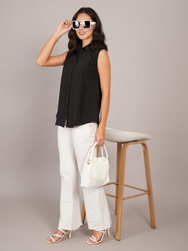 Image of Women Plus Size Sleeveless Button Down Shirt Polyester Formal Office Casual Wear Classic Fit Professional Shirt