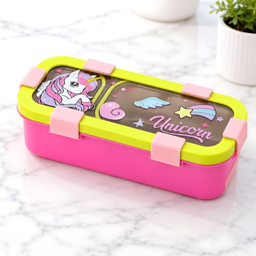 Image of Kids Stainless Steel Lunch Box | Leakproof Bento Tiffin Box with 2Compartments | BPA Free Food Grade Lunch Box for Boys & Girls | Airtight School Tiffin Box with Cutlery Storage |600ml