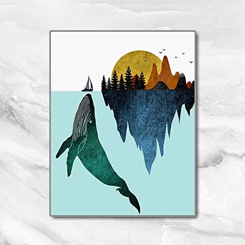Sea Ocean Island Landscape Mountain Nature Art Whale Boat Forest Outdoor Poster Living Room Wall Art 8X10 In Unframed #TOP2