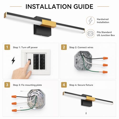 Image of SOLFART Bathroom Vanity Lights 32-Inch: Black and Gold Dimmable 5 Color Temperature 360 Degree Rotation Bathroom Lights Over Mirror ETL IP44