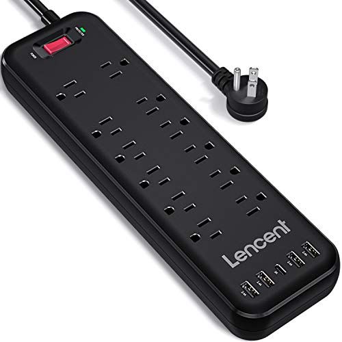 Power Strip with USB, LENCENT Surge Protector 1700J, 6FT Extension Cord with 12 AC Outlets (1875W/15A), 4 USB-A&1USB-C, Flat Plug Wall Mountable Overload Protection Outlet for Home Office - ETL Listed