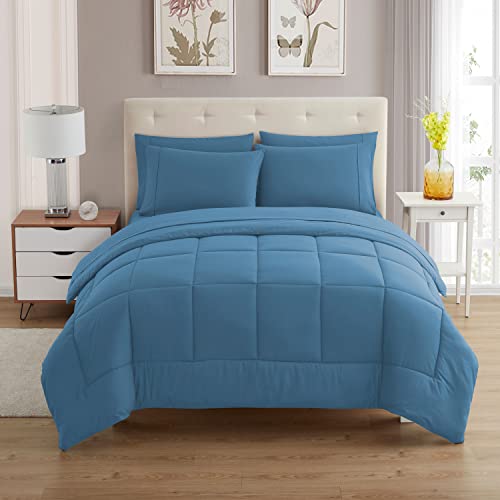 Sweet Home Collection 6PC-SHT-1PC-CMF-DENM-T 5 Piece Comforter Set Bag Solid Color All Season Soft Down Alternative Blanket & Luxurious Microfiber Bed Sheets, Denim thumb #1