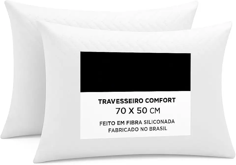 Kit com 2 Travesseiros Macios 50x70cm Fibra Siliconada – Antialérgico, Antiácaro e Respirável, Capa 100% Algodão Percal 200 Fios Lavável, Conforto e Bem-Estar Durante o Sono