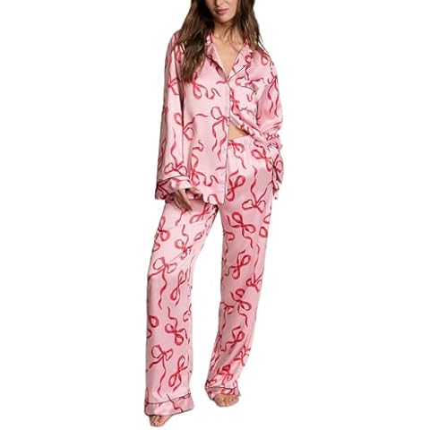 KOSUSANILL Bow Pajamas for Women Silk Satin Cute Print Long Sleeve Button Down Shirt and Pants Lounge Outfits Sleepwear Cover
