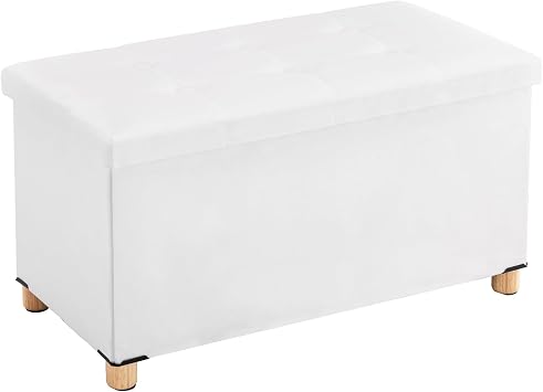 YOUDENOVA 30" Velvet Ottoman with Storage, Wooden Legs, White | Velvet ottoman with hidden storage, padded seat and sturdy wooden legs for bedroom or living room.