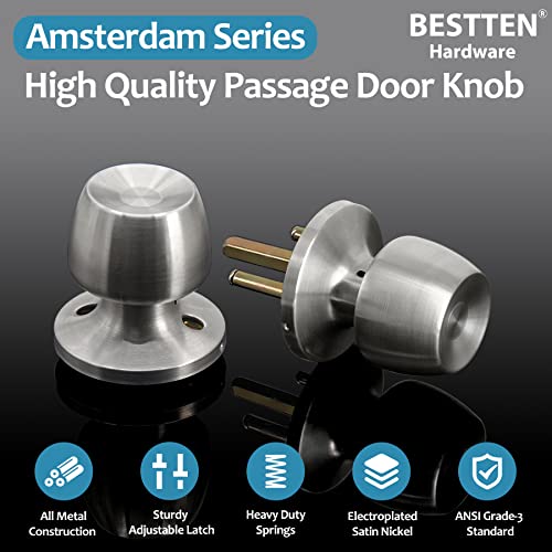 Bestten Passage Door Knob With Removable Latch Plate, Interior Non Locking Door Lock Set For Hallway Or Closet, All Metal, Satin Nickel #TOP1