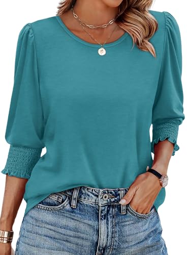 Image of XIEERDUO Blouses for Women Dressy Casual 3 /4 Length Sleeve Womens Tops with Smocked Cuffs