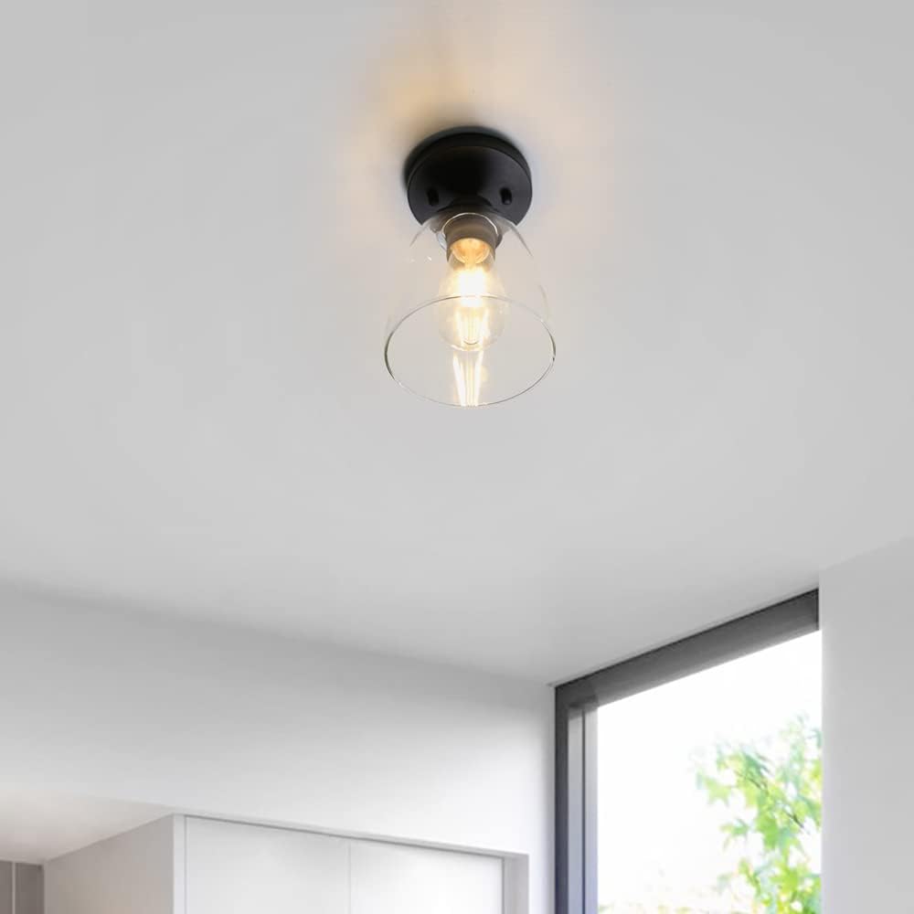 Yosoan Retro Semi Flush Mount Ceiling Light, 1-Light Vintage Industrial Hardwired 5.51'' Oval Cone Glass Shade for Kitchen Bathroom Cafe Corridor Hallway Entryway Passway (Black)