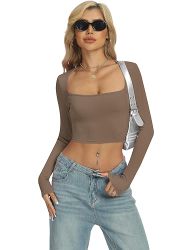 Buauty Women's Crop Tops Square Neck Shirts Long Sleeve Cropped Tshirts Fitted Tees Ribbed Basic Clothes Sexy Y2k Casual 20244