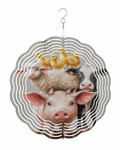 Country Wind Spinners, Animal Pig Cow Sheep Chicken Hanging Wind Spinners for Yard and Garden 3D Stainless Steel Metal Sculptures Crafts Ornaments 8 Inch