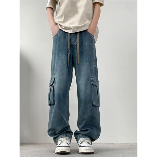 Men's Cargo Jeans Flap Pockets Wide Leg Baggy Denim Pants Drawstring Straight Jeans Trousers3