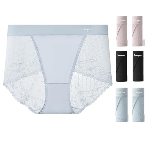 Generic French Lace Women's Underwear, High Waist, Seamless Breathable Modal, Mulberry Silk Crotch, High Elasticity, 6-Pack, One Size Fits All, Black, Blue, Purple, Midnight