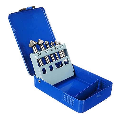 Ticfox 6 pezzi HSS punte da trapano svasatore da 90 gradi set fresa per smussare la lavorazione del legno in metallo 6,3-20,5 mm(Blue tin box packaging)