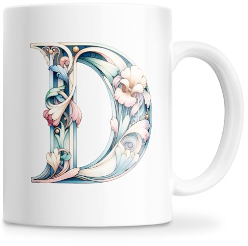 Taza Personalizada con Letra Inicial del Nombre - Taza Cerámica 350ML con Motivo Floral, Regalos Originales para Mujeres, Mamá, Amigos - Apta para Lavavajillas y Microondas (D)