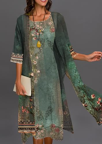 Wedding Guest Dresses for Women,Womens Two-Piece Set Floral Print Elegant Flowy Irregular Hem Dress with Long Jacket2
