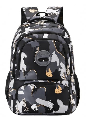JiaYou Boys Primary School Backpack Large Capacity Trendy Camouflage Elementary Daypack(Black,20 Liters)