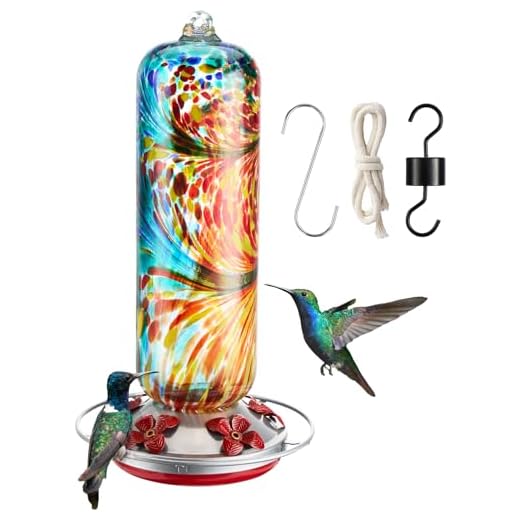 Twinkle Star Hummingbird Feeder Glass, 28fl.oz Hummingbird Feeders for Outdoors Hanging, 5 Feeding Ports & Perch Ring, Hand Blown, Humming Bird Feeder, Garden Decor, incl.S Hook, Ant Moat, Rope(Green)