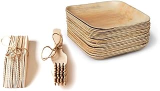 EARTH RESTORED | Palm Leaf Plates+Cutlery | Party with Disposable Bowls | Paper Plate Party | Wooden Cutlery| BBQ Set | Picnic Set (Ø 10 INCH Square - 25PCS)
