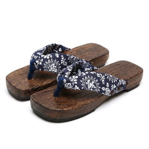 SU YING KE Women's Traditional Japanese Geta Sandals Wooden Clogs Flip Flops with Floral Fabric Straps for Kimono Yukata Cosplay Dress (6,Blue)