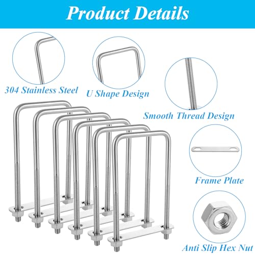 Image of QTLCOHD 6Pcs Square U Bolts 3 /8 inchx3 inchx7 inch Stainless Steel U-Bolts with Nuts and Frame Plates Square U Clamp for Boat Trailer Tube